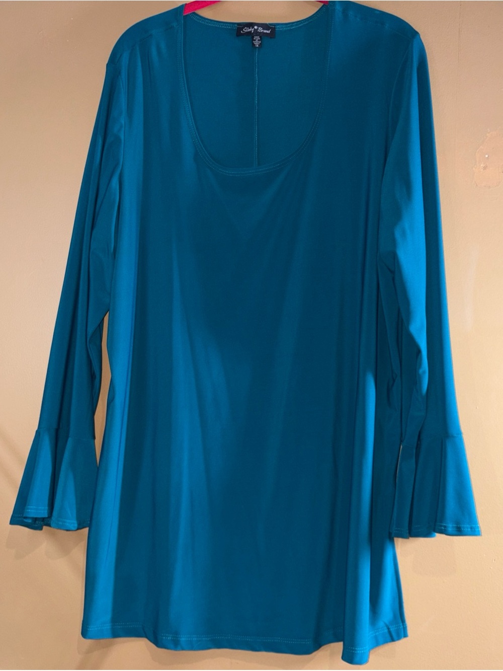 HC853 Brand Tunic Blue Stretch Shirt Top Scoop Neck Ruffle Cuffs Size 1X